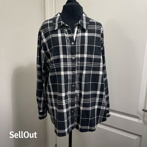 Allison Daley Petite L Black Plaid Button-Up Flannel Shirt Women's Casual